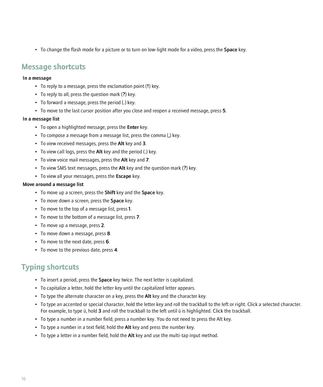 Blackberry 8110 manual Message shortcuts, Typing shortcuts, A message list, Move around a message list 