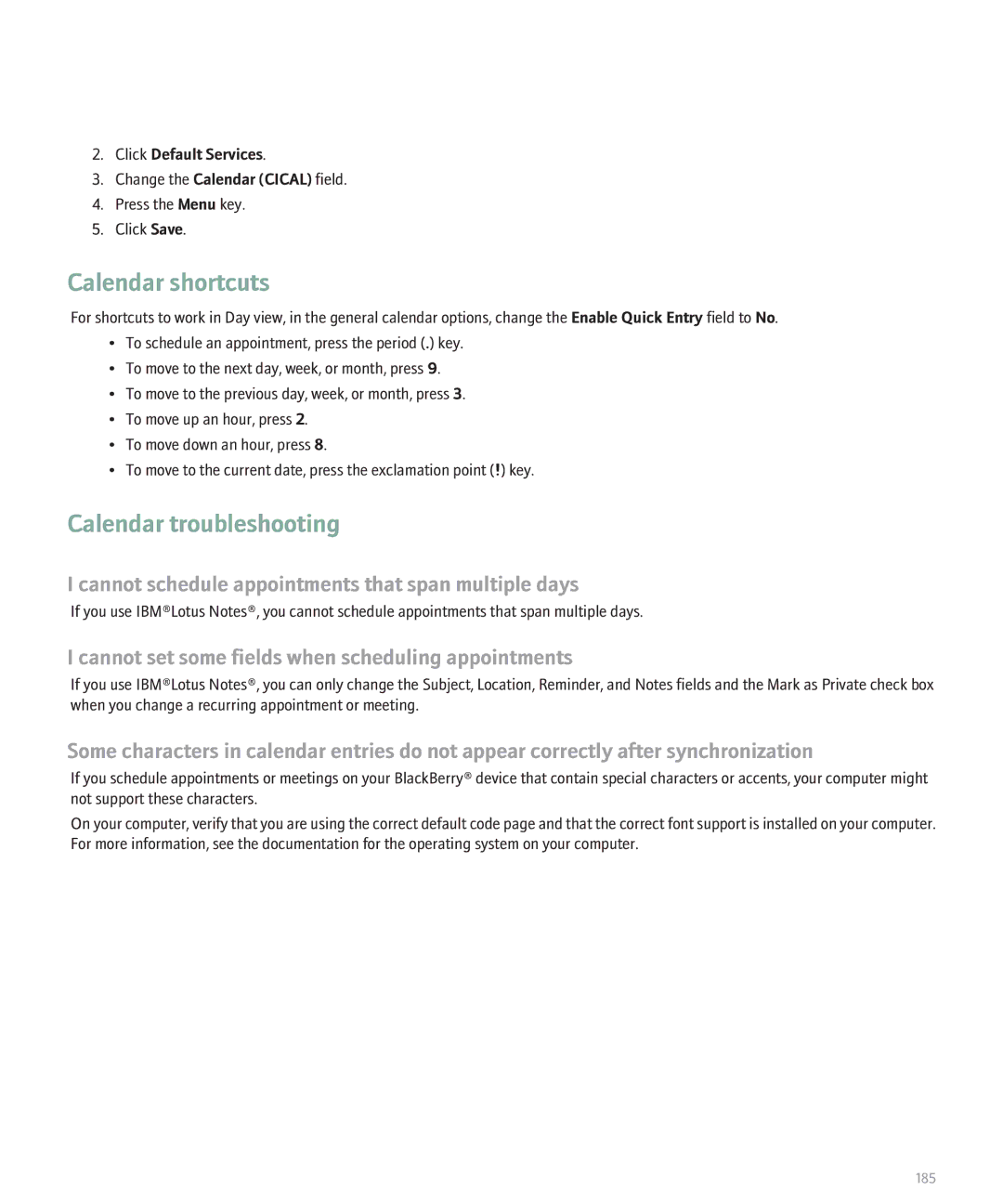 Blackberry 8110 Calendar troubleshooting, Cannot schedule appointments that span multiple days, Click Default Services 