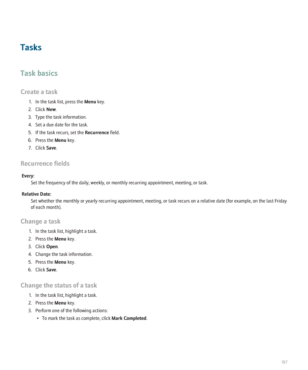 Blackberry 8110 manual Tasks, Task basics, Create a task, Change a task, Change the status of a task 