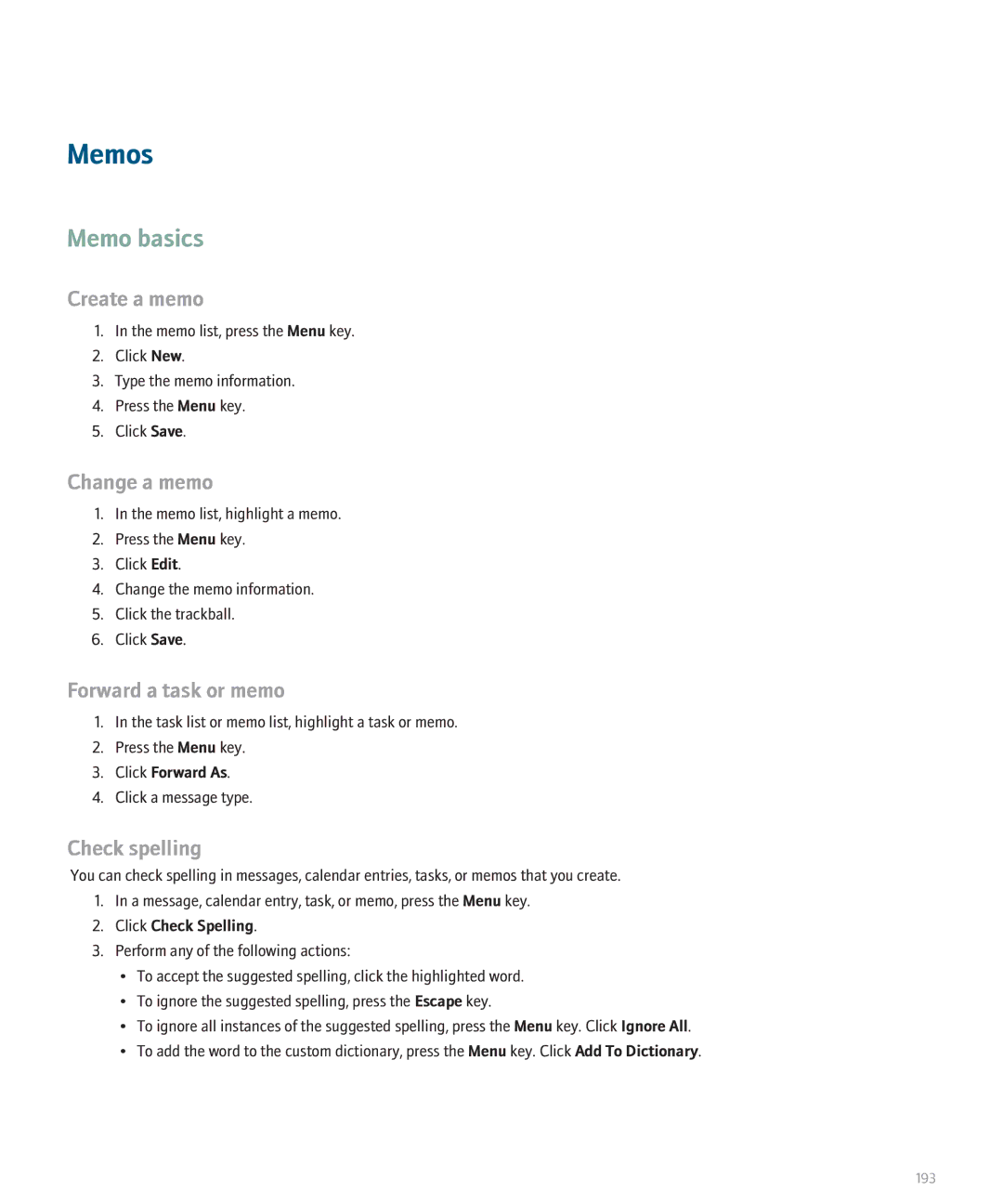 Blackberry 8110 manual Memos, Memo basics, Create a memo, Change a memo 