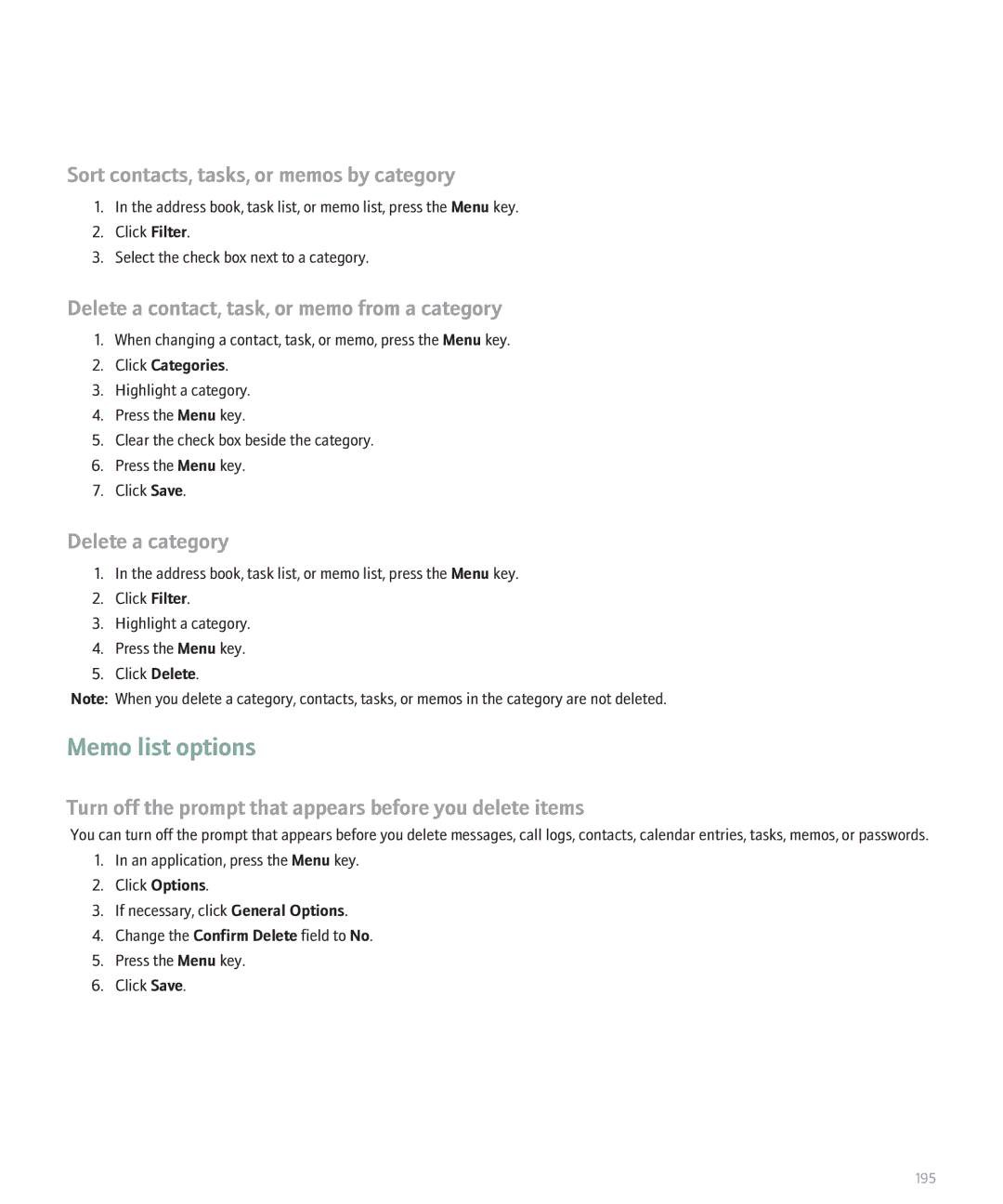 Blackberry 8110 manual Memo list options, Sort contacts, tasks, or memos by category 