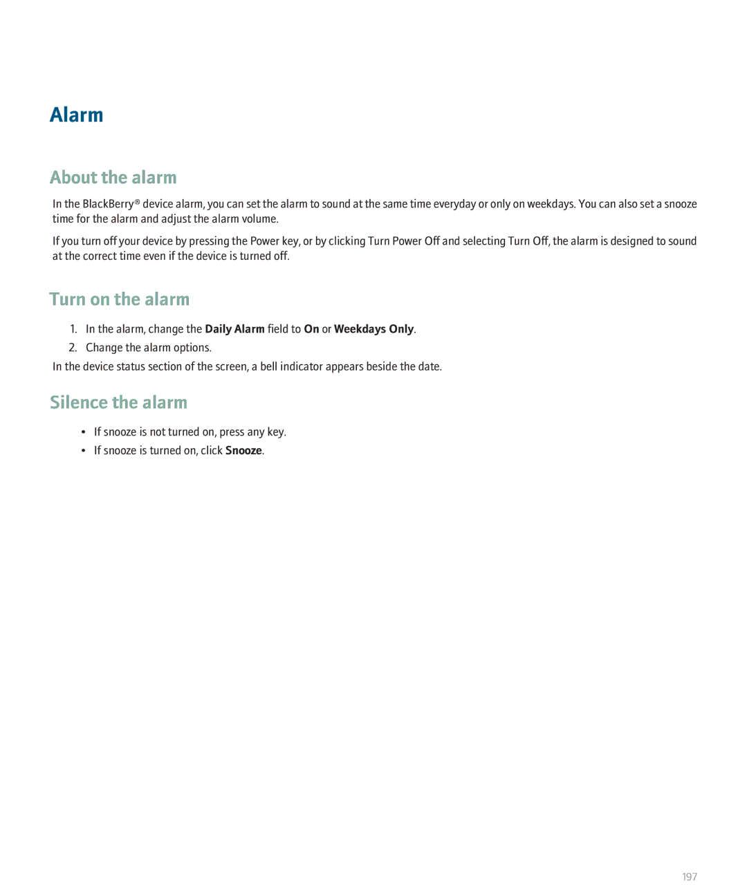 Blackberry 8110 manual Alarm, About the alarm, Turn on the alarm, Silence the alarm 