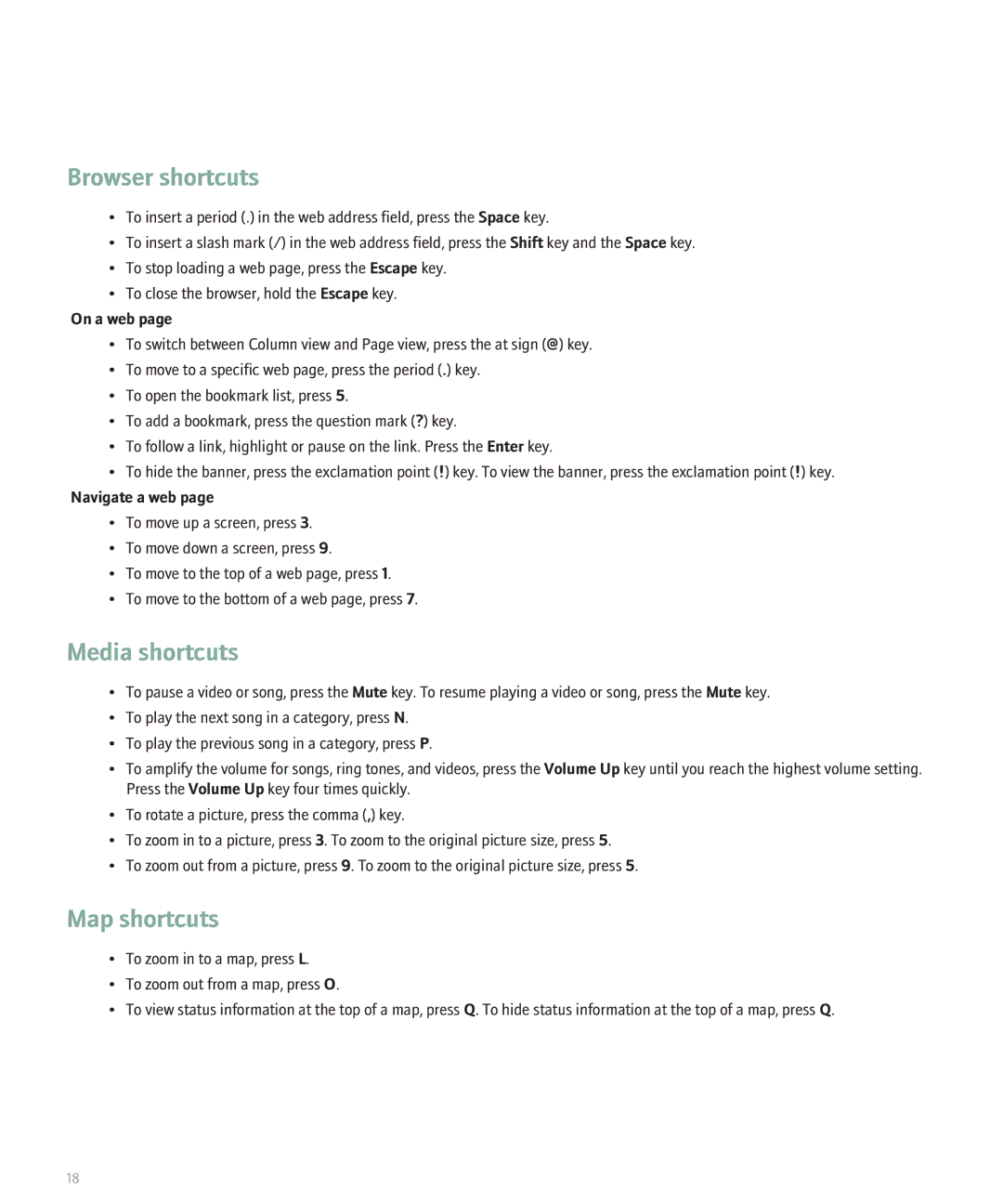 Blackberry 8110 manual Browser shortcuts, Media shortcuts, Map shortcuts, On a web, Navigate a web 