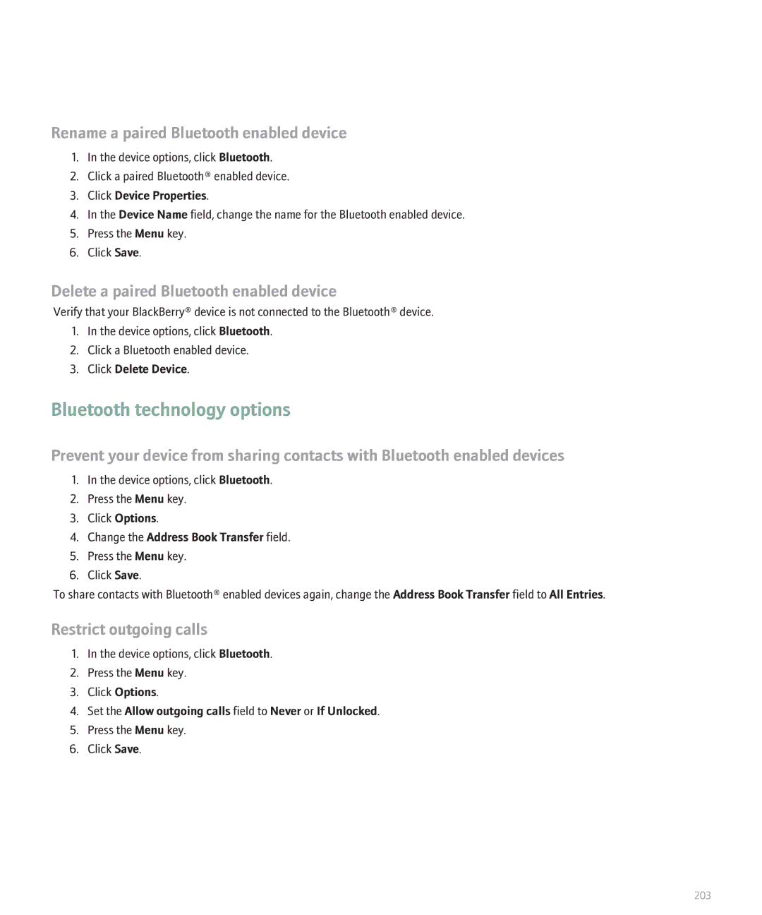 Blackberry 8110 manual Bluetooth technology options, Rename a paired Bluetooth enabled device, Restrict outgoing calls 