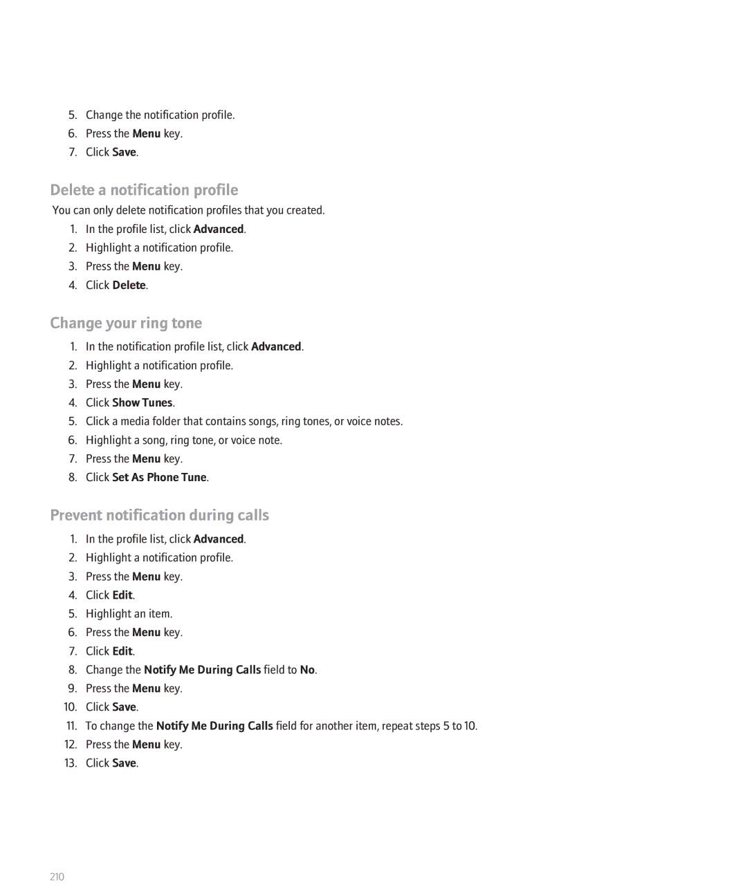 Blackberry 8110 manual Delete a notification profile, Change your ring tone, Prevent notification during calls 