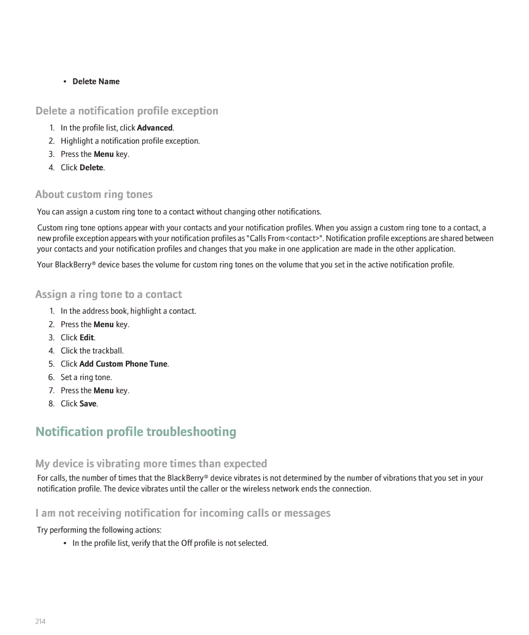 Blackberry 8110 manual Notification profile troubleshooting, Delete a notification profile exception, Delete Name 