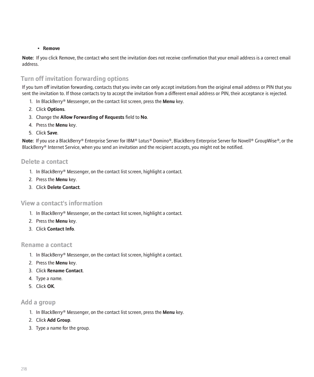 Blackberry 8110 manual Turn off invitation forwarding options, View a contacts information, Rename a contact, Add a group 