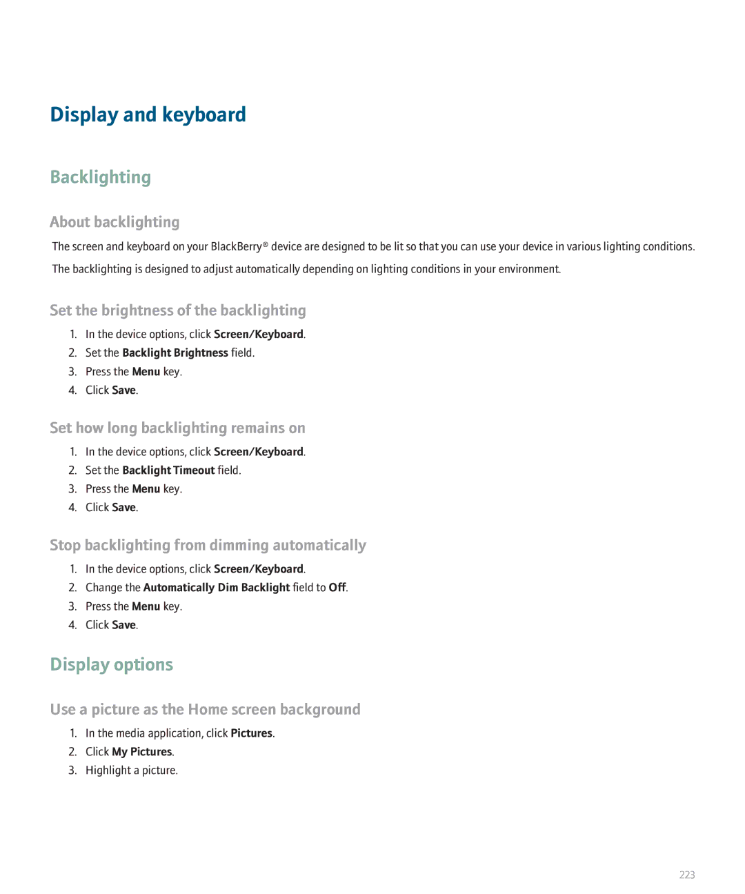 Blackberry 8110 manual Display and keyboard, Backlighting, Display options 