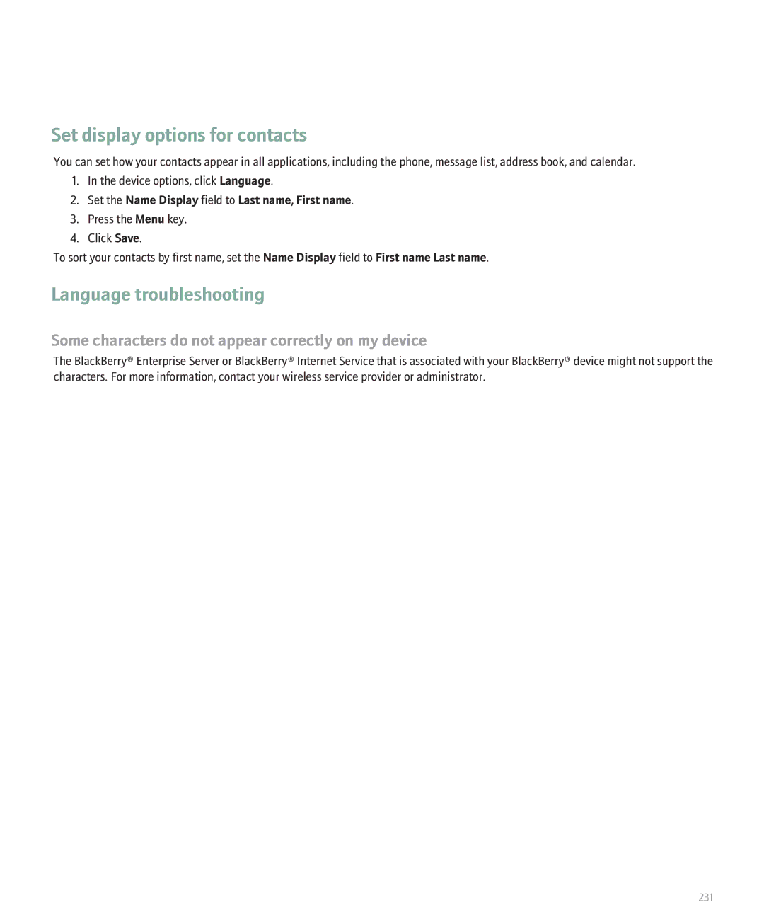 Blackberry 8110 manual Set display options for contacts, Language troubleshooting 