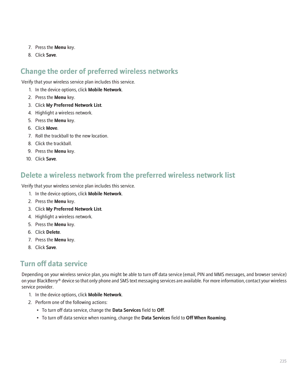 Blackberry 8110 manual Change the order of preferred wireless networks, Turn off data service 