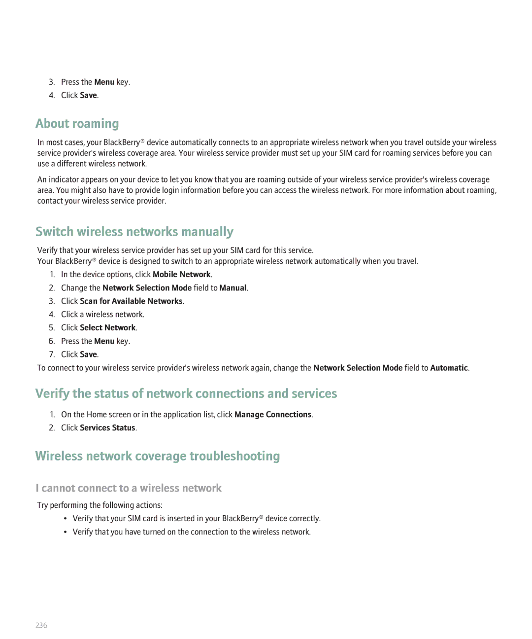 Blackberry 8110 About roaming, Switch wireless networks manually, Verify the status of network connections and services 