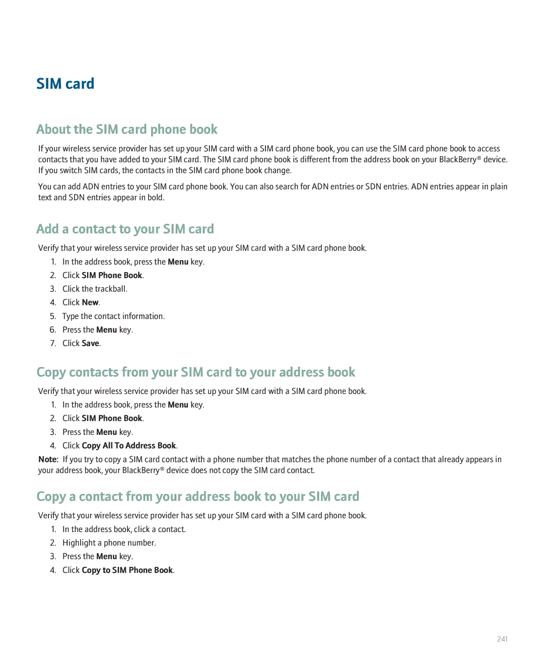 Blackberry 8110 manual About the SIM card phone book, Add a contact to your SIM card 