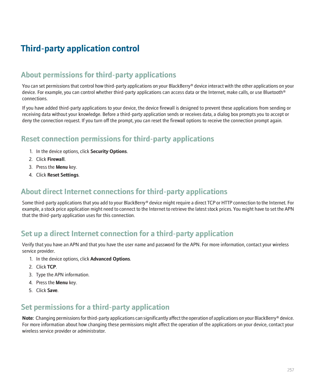 Blackberry 8110 Third-party application control, About permissions for third-party applications, Click Reset Settings 