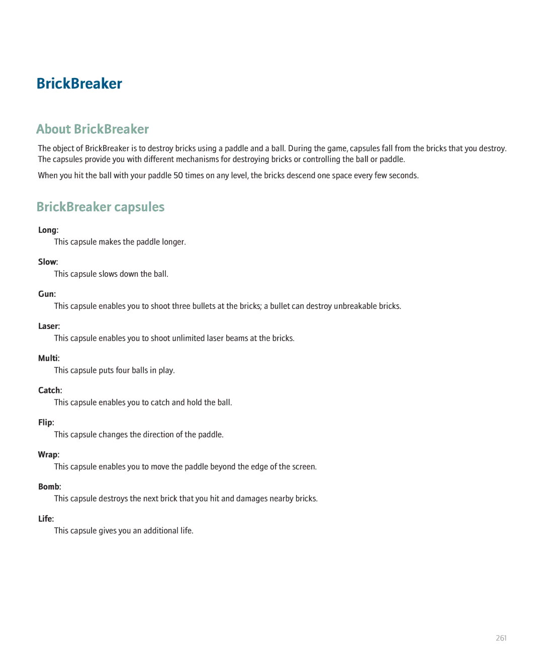 Blackberry 8110 manual About BrickBreaker, BrickBreaker capsules 