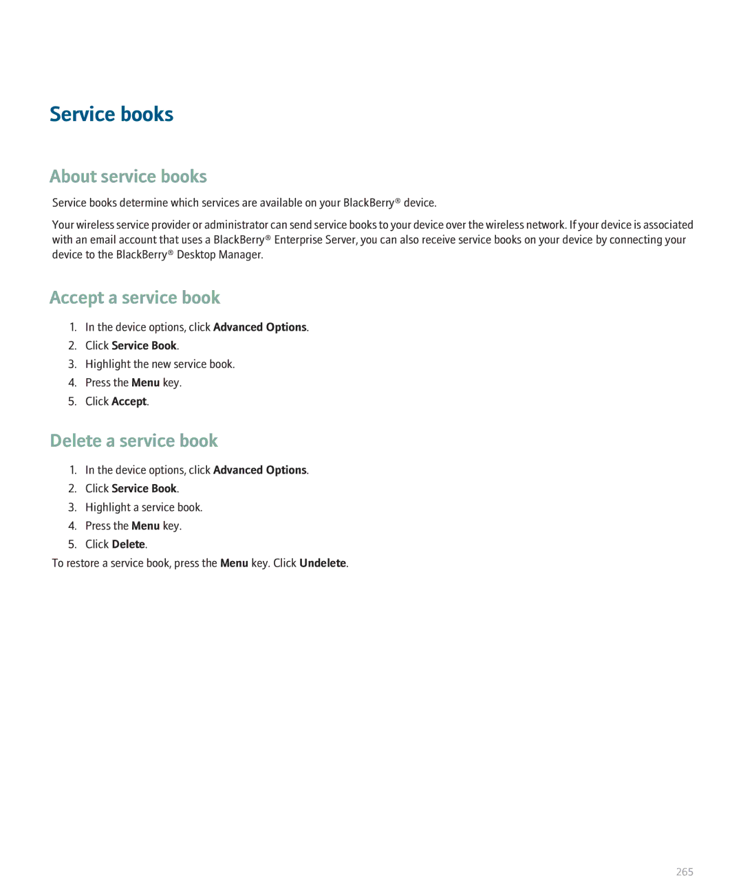 Blackberry 8110 manual Service books, About service books, Accept a service book, Delete a service book, Click Service Book 