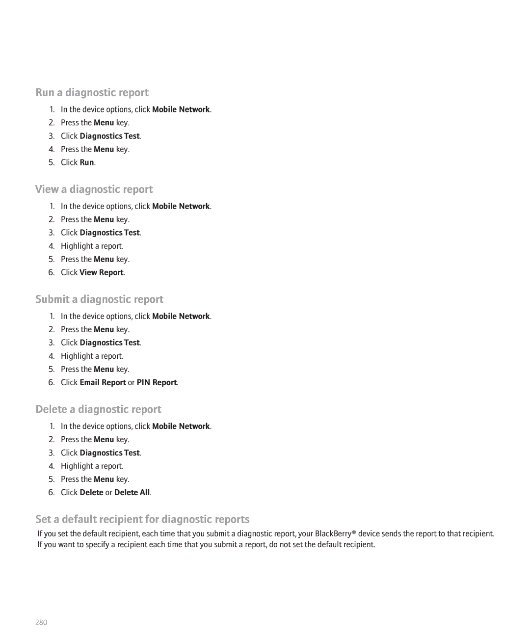 Blackberry 8110 Run a diagnostic report, View a diagnostic report, Submit a diagnostic report, Delete a diagnostic report 