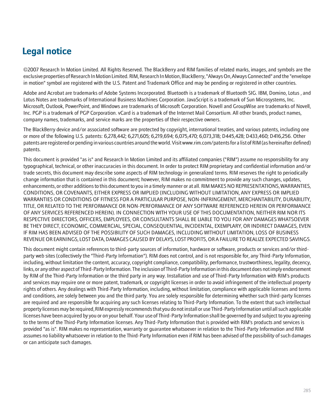 Blackberry 8110 manual Legal notice 