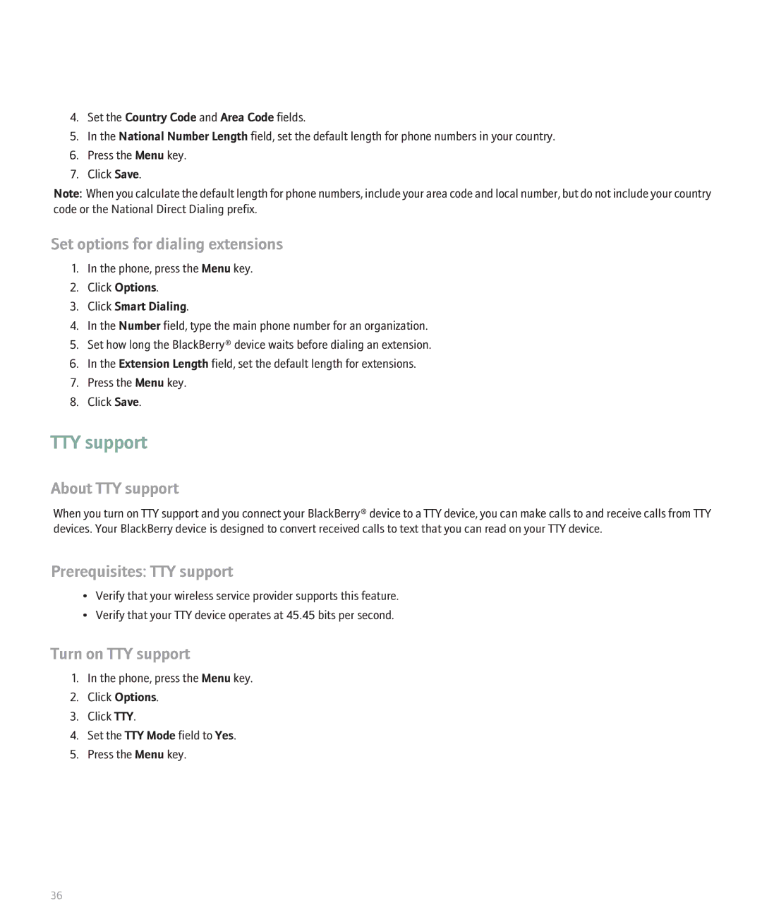 Blackberry 8110 Set options for dialing extensions, About TTY support, Prerequisites TTY support, Turn on TTY support 