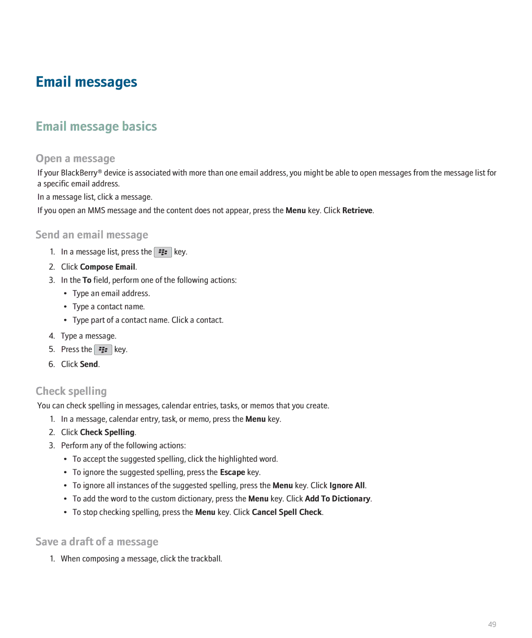 Blackberry 8110 manual Email messages, Email message basics 