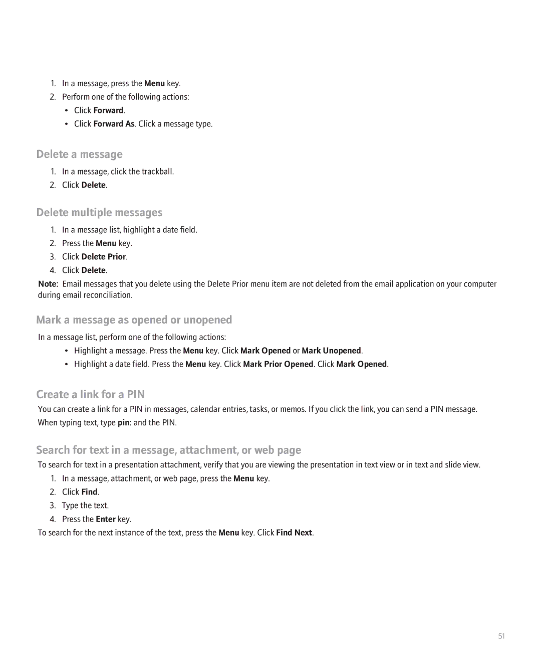 Blackberry 8110 Delete a message, Delete multiple messages, Mark a message as opened or unopened, Create a link for a PIN 
