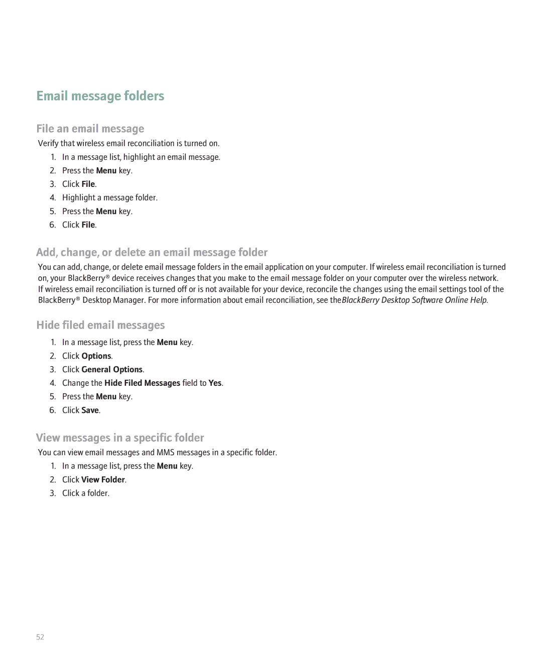 Blackberry 8110 manual Email message folders, File an email message, Add, change, or delete an email message folder 