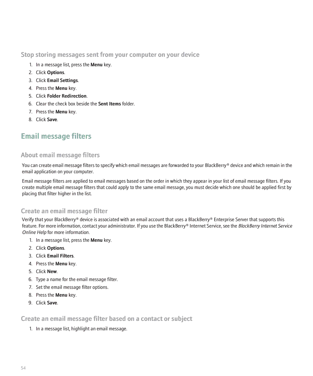 Blackberry 8110 manual Email message filters, About email message filters, Create an email message filter 