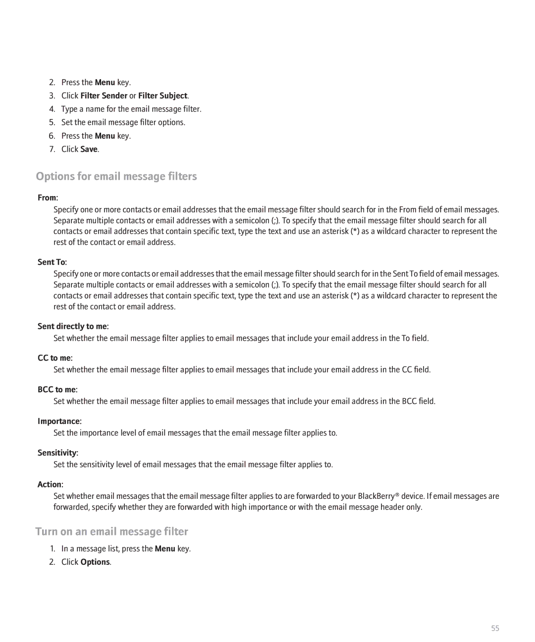Blackberry 8110 manual Options for email message filters, Turn on an email message filter 
