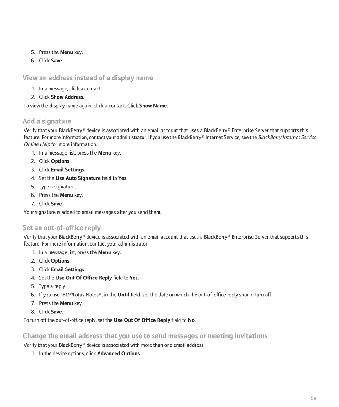 Blackberry 8110 View an address instead of a display name, Add a signature, Set an out-of-office reply, Click Show Address 