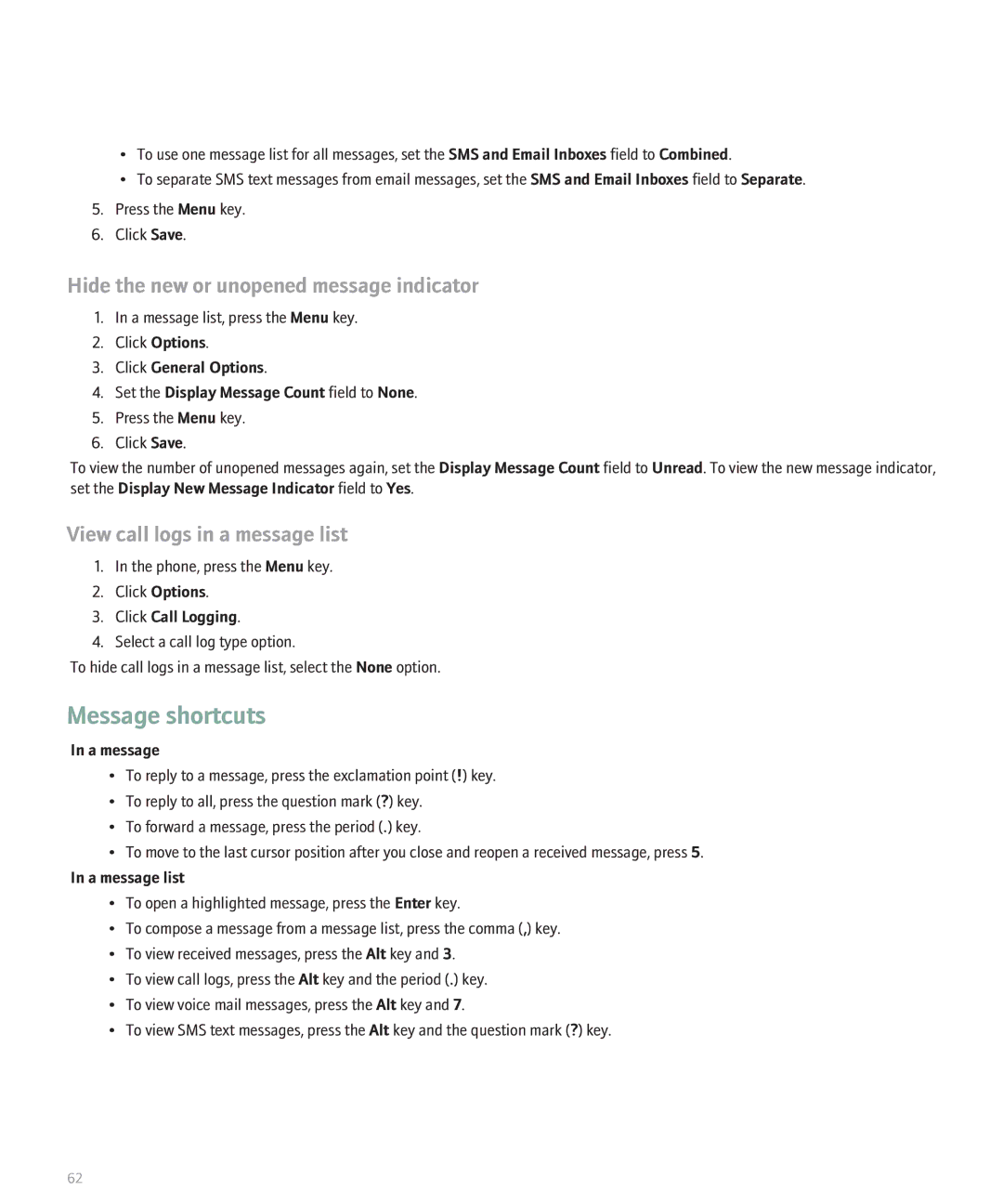 Blackberry 8110 manual Hide the new or unopened message indicator, View call logs in a message list 