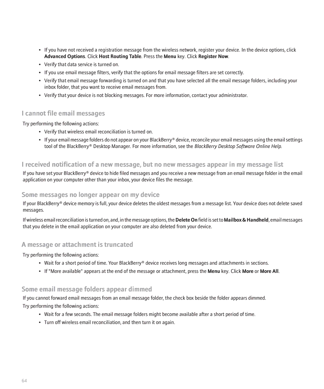 Blackberry 8110 manual Cannot file email messages, Some messages no longer appear on my device 