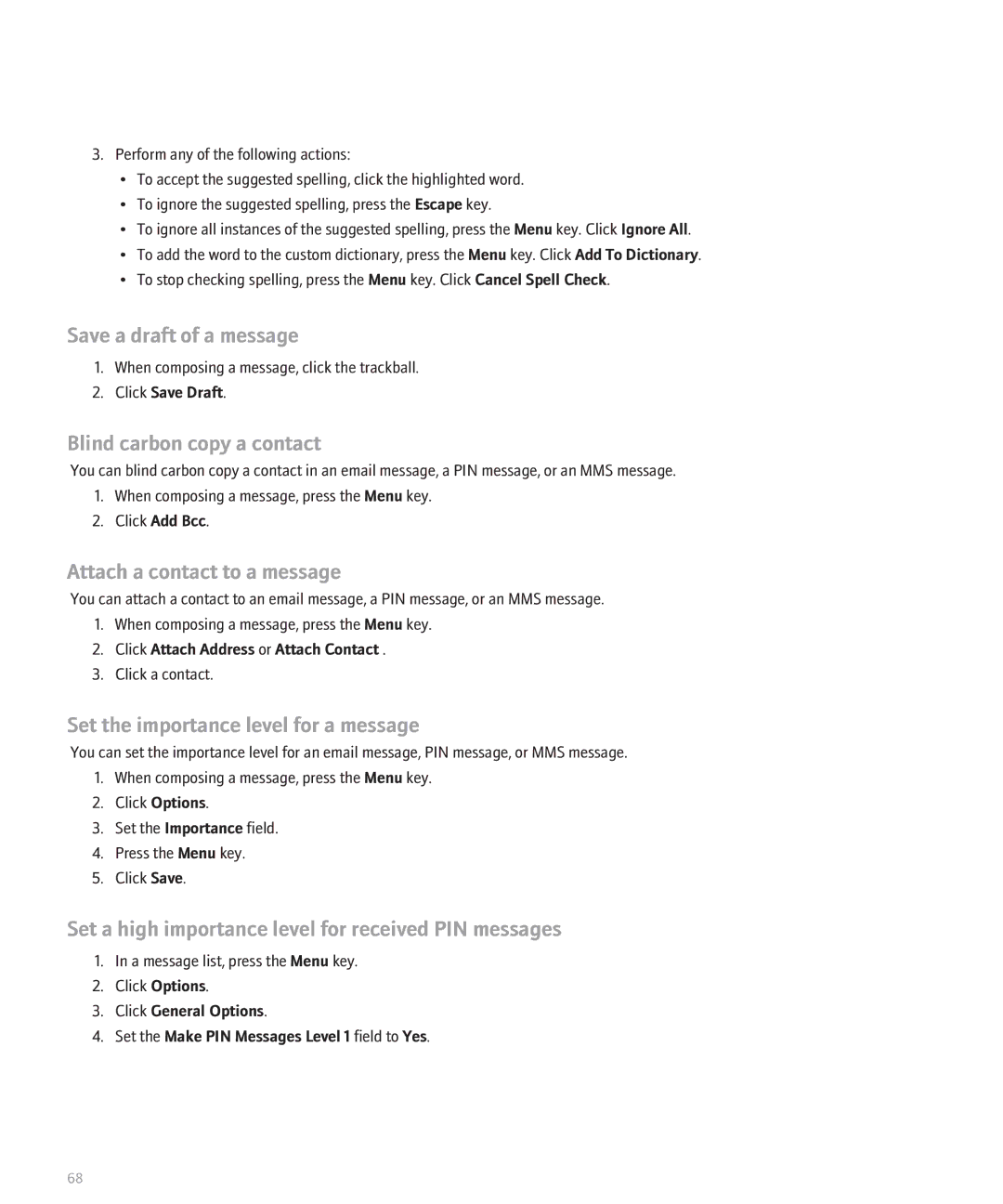 Blackberry 8110 manual Save a draft of a message, Set a high importance level for received PIN messages 
