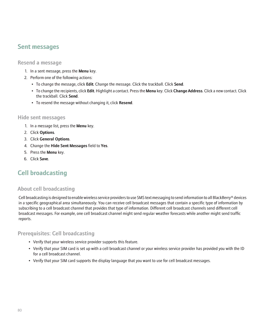 Blackberry 8110 manual About cell broadcasting, Prerequisites Cell broadcasting 