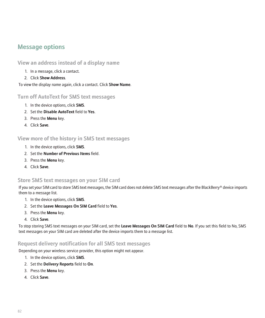 Blackberry 8110 manual Turn off AutoText for SMS text messages, View more of the history in SMS text messages 