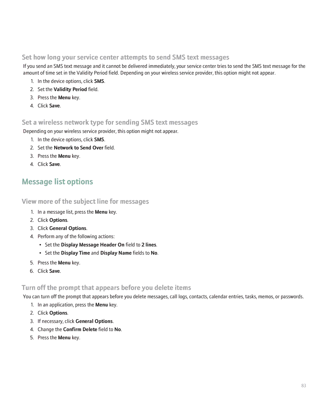 Blackberry 8110 manual Set a wireless network type for sending SMS text messages, Set the Validity Period field 