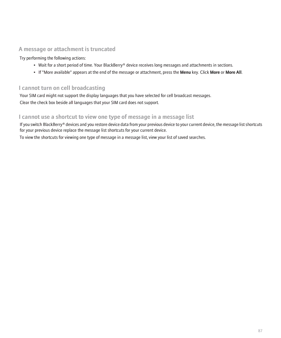 Blackberry 8110 manual Message or attachment is truncated, Cannot turn on cell broadcasting 