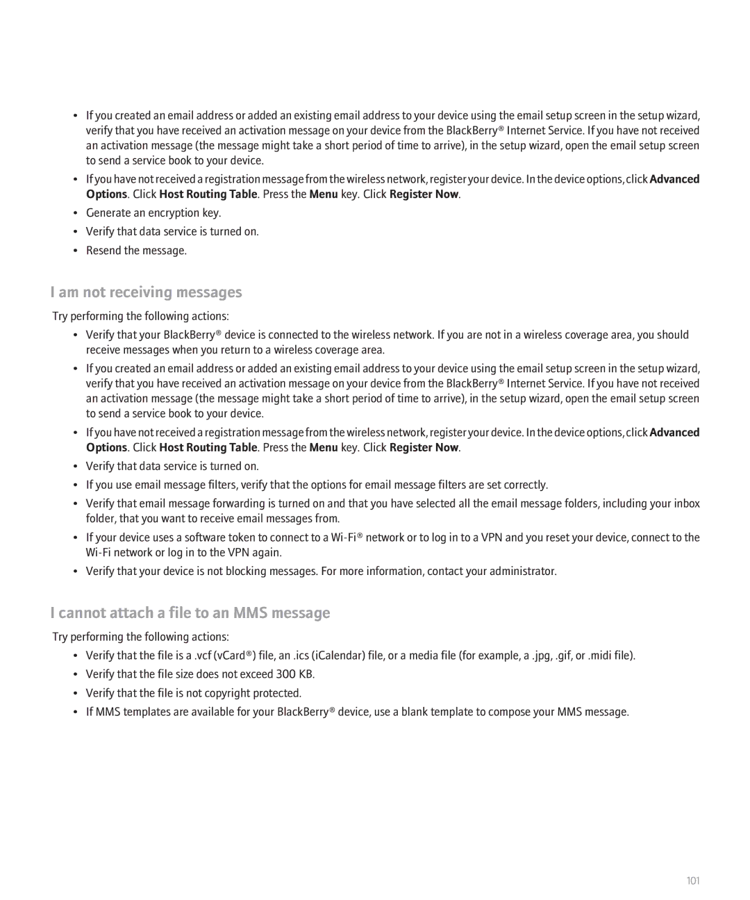Blackberry 8120 manual Am not receiving messages, Cannot attach a file to an MMS message 