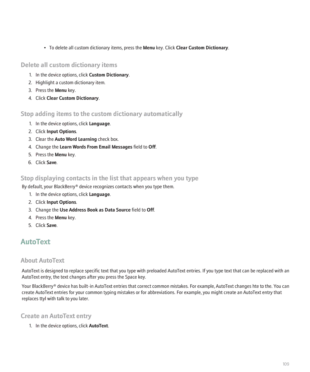Blackberry 8120 AutoText, Delete all custom dictionary items, Stop adding items to the custom dictionary automatically 
