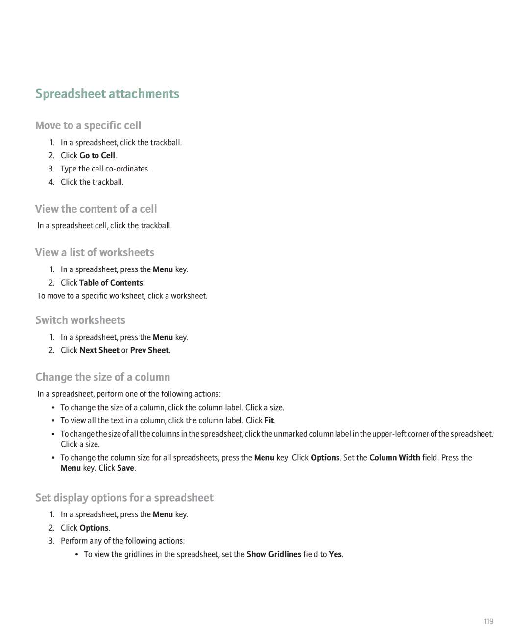 Blackberry 8120 manual Spreadsheet attachments 