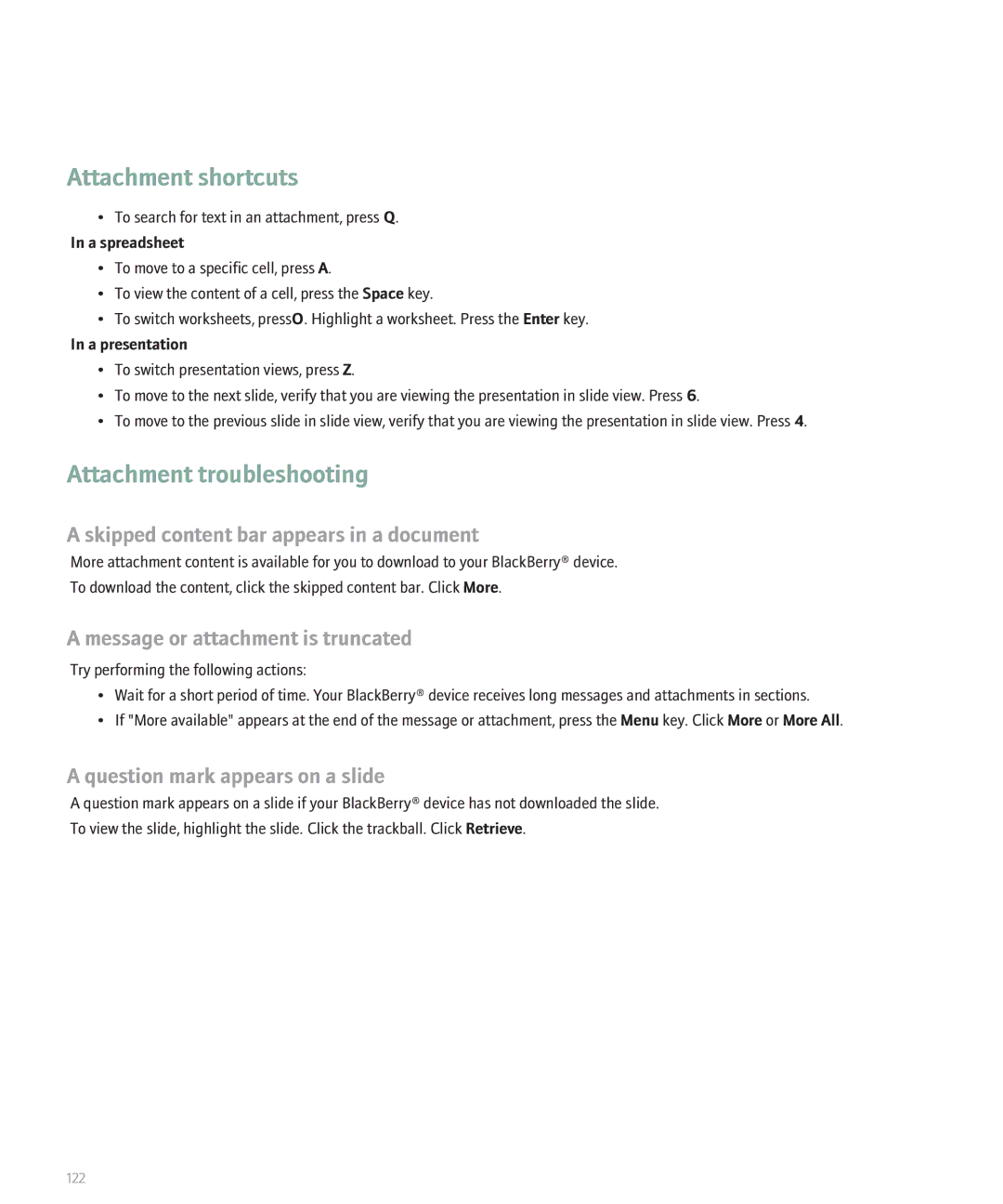 Blackberry 8120 Attachment troubleshooting, Skipped content bar appears in a document, Question mark appears on a slide 