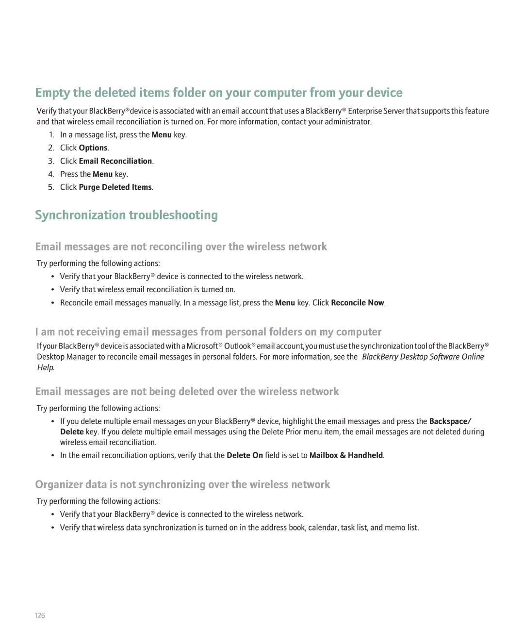 Blackberry 8120 manual Synchronization troubleshooting, Click Purge Deleted Items 