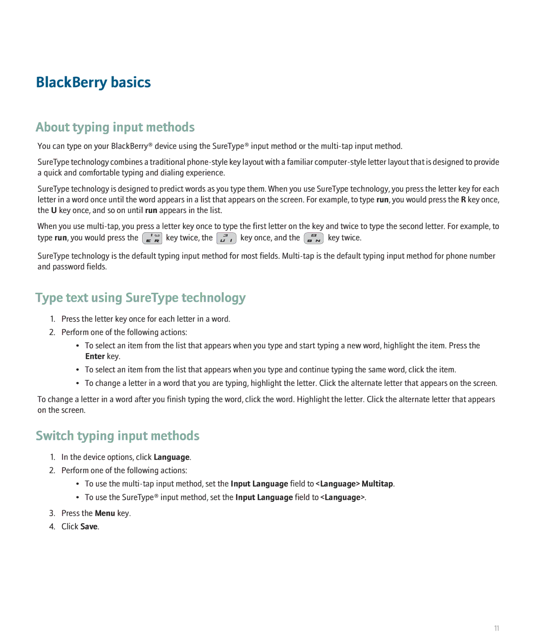 Blackberry 8120 manual BlackBerry basics, About typing input methods, Type text using SureType technology 