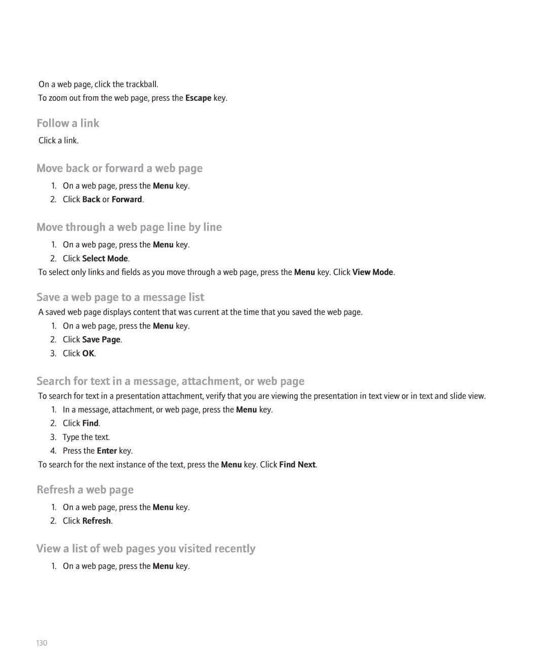 Blackberry 8120 manual Follow a link, Move back or forward a web, Move through a web page line by line, Refresh a web 