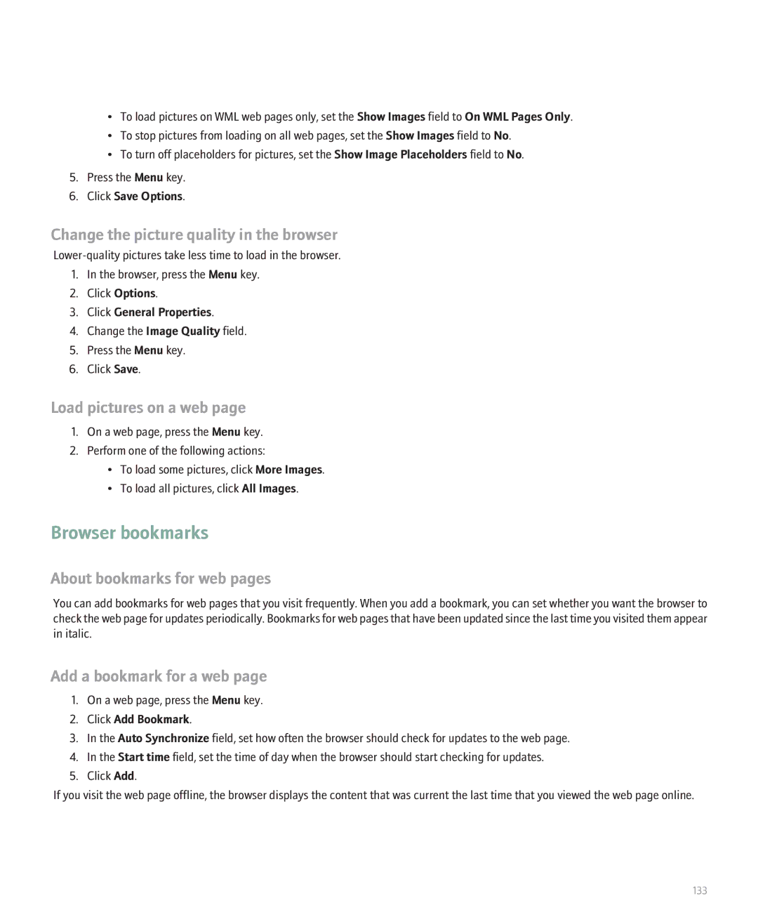 Blackberry 8120 manual Browser bookmarks, Change the picture quality in the browser, Load pictures on a web 