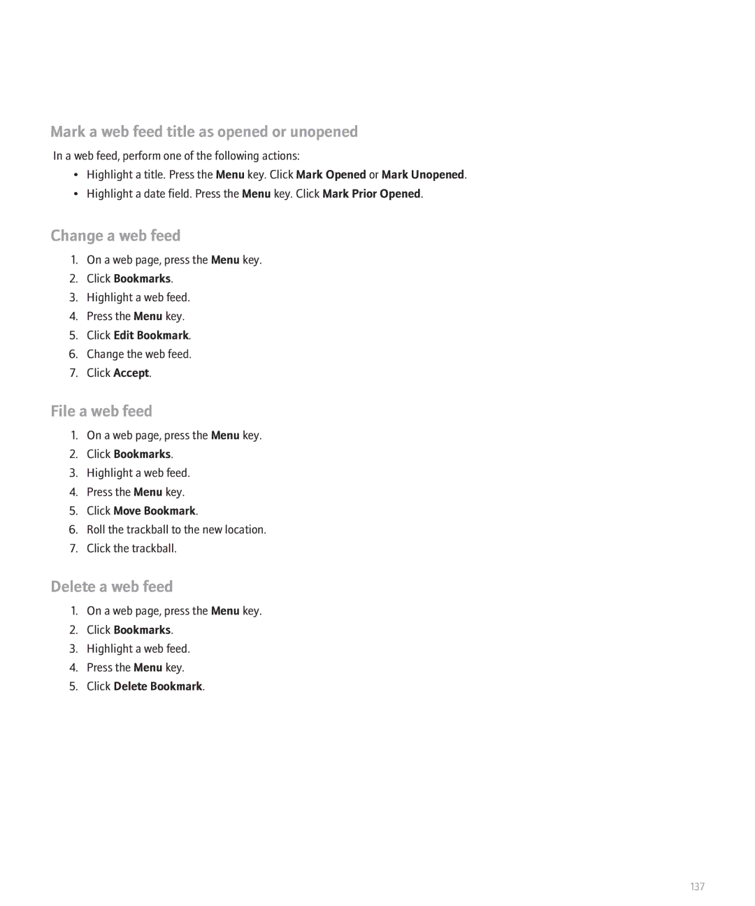 Blackberry 8120 manual Mark a web feed title as opened or unopened, Change a web feed, File a web feed, Delete a web feed 