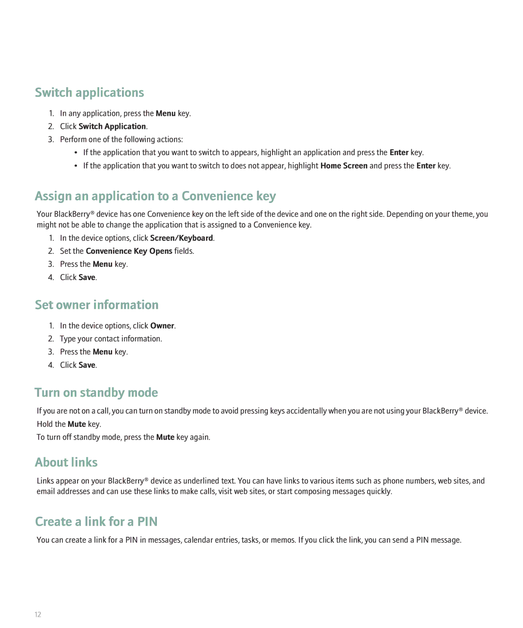 Blackberry 8120 manual Switch applications, Assign an application to a Convenience key, Set owner information, About links 