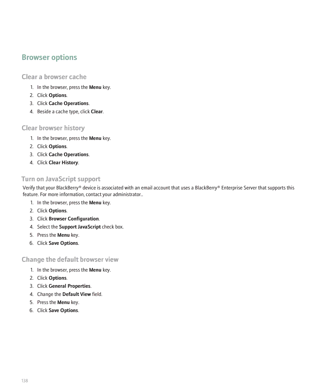 Blackberry 8120 manual Browser options, Clear a browser cache, Clear browser history, Turn on JavaScript support 