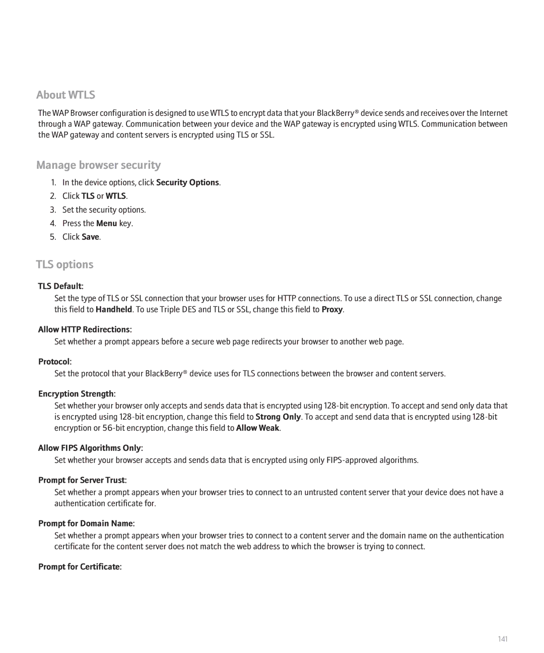 Blackberry 8120 manual About Wtls, Manage browser security, TLS options 