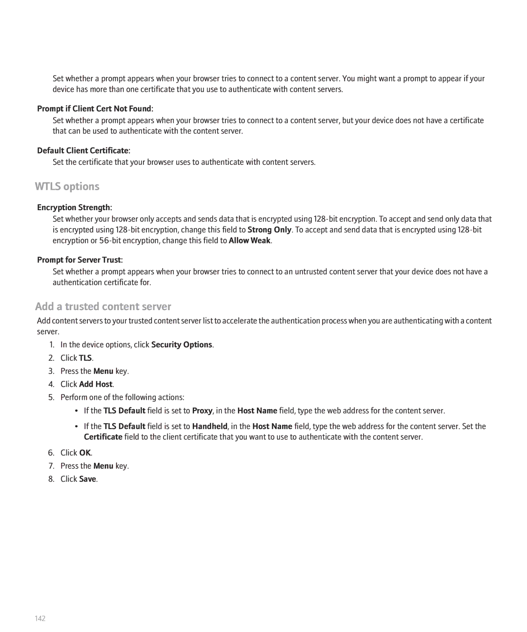 Blackberry 8120 Wtls options, Add a trusted content server, Prompt if Client Cert Not Found, Default Client Certificate 