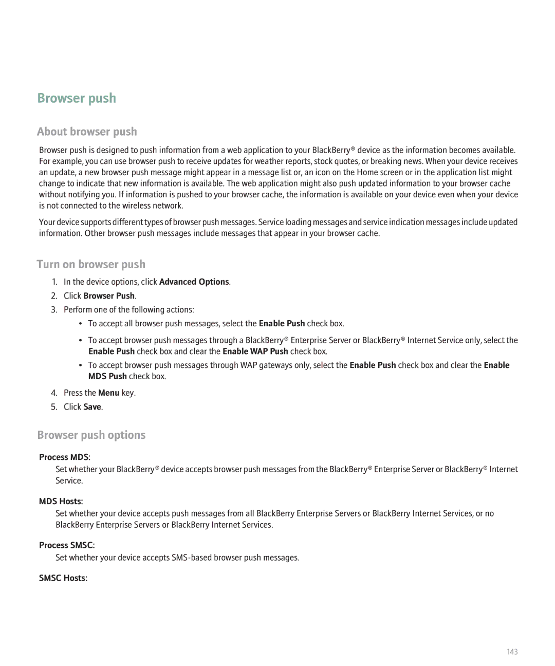 Blackberry 8120 manual About browser push, Turn on browser push, Browser push options 