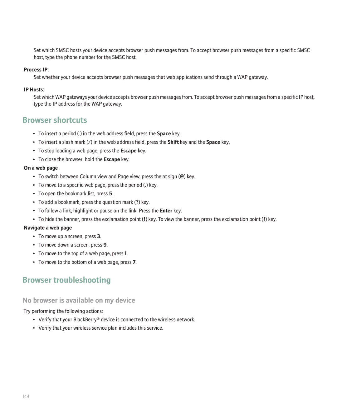 Blackberry 8120 manual Browser troubleshooting, No browser is available on my device, Process IP, IP Hosts 